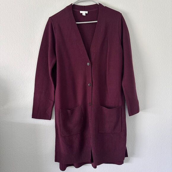 JJill Women's Cardigan Sweater Size (M/Petite) Longline Duster Burgundy - Picture 1 of 11